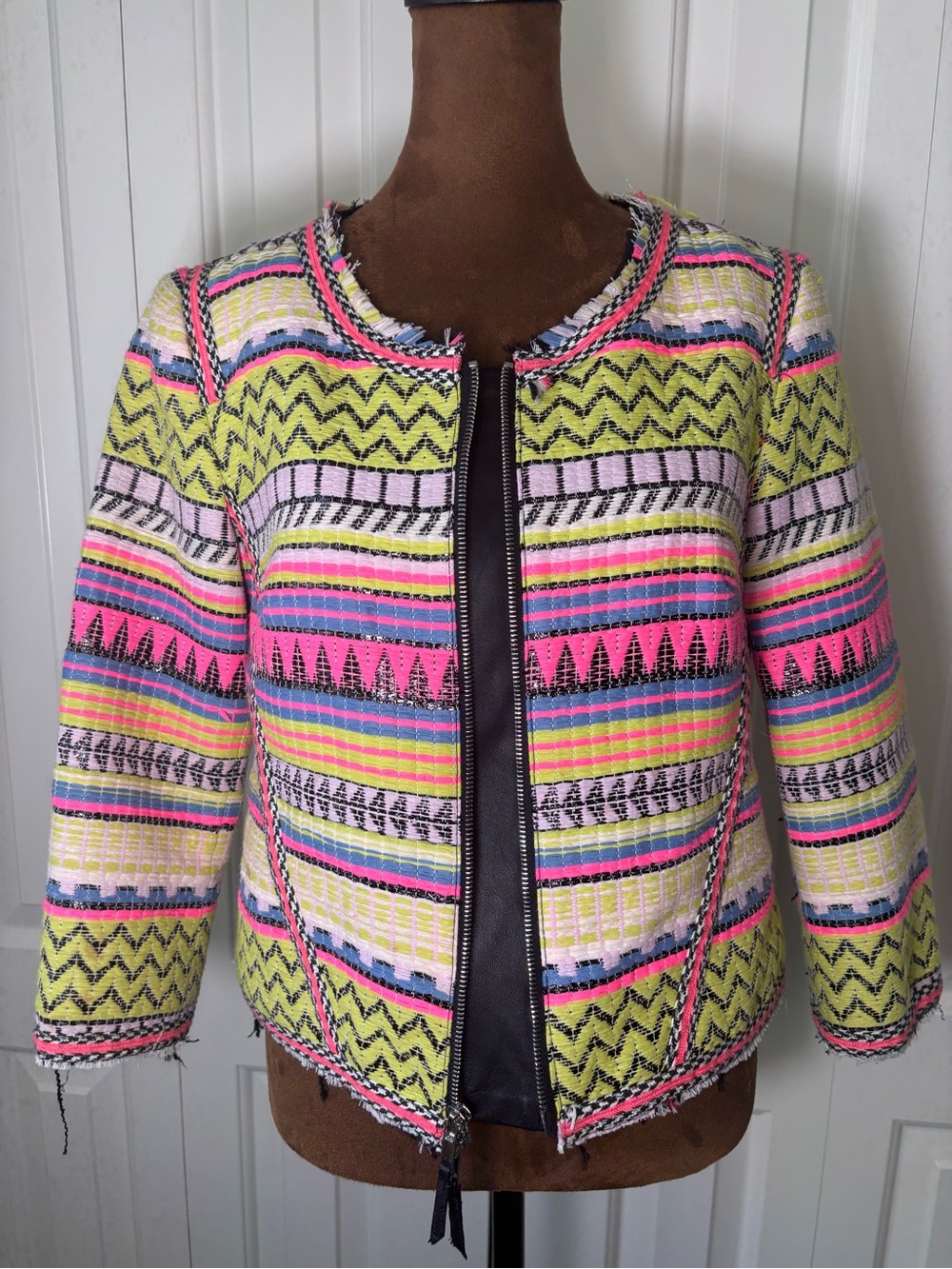 Milly Neon Aztec Tweed Zipper Jacket, Size 2 - Picture 2 of 16